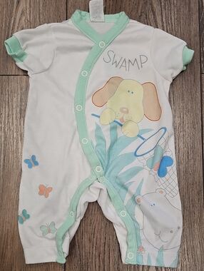 Carter's White One-Piece Romper with Mint Green Trim and Puppy Print